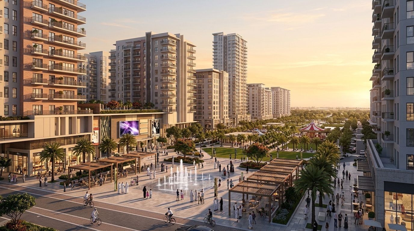 Town Square Dubai: Apartamenty i szeregówki w dzielnicy Town Square, Dubaj. Wizualizacja inwestycji dewelopera Nshama, oddanie Gotowe i w budowie.