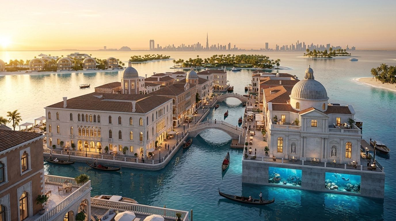 Floating Venice: Apartamenty serwisowane w dzielnicy The World Islands, Dubaj. Wizualizacja inwestycji dewelopera Kleindienst Group, oddanie 2026.