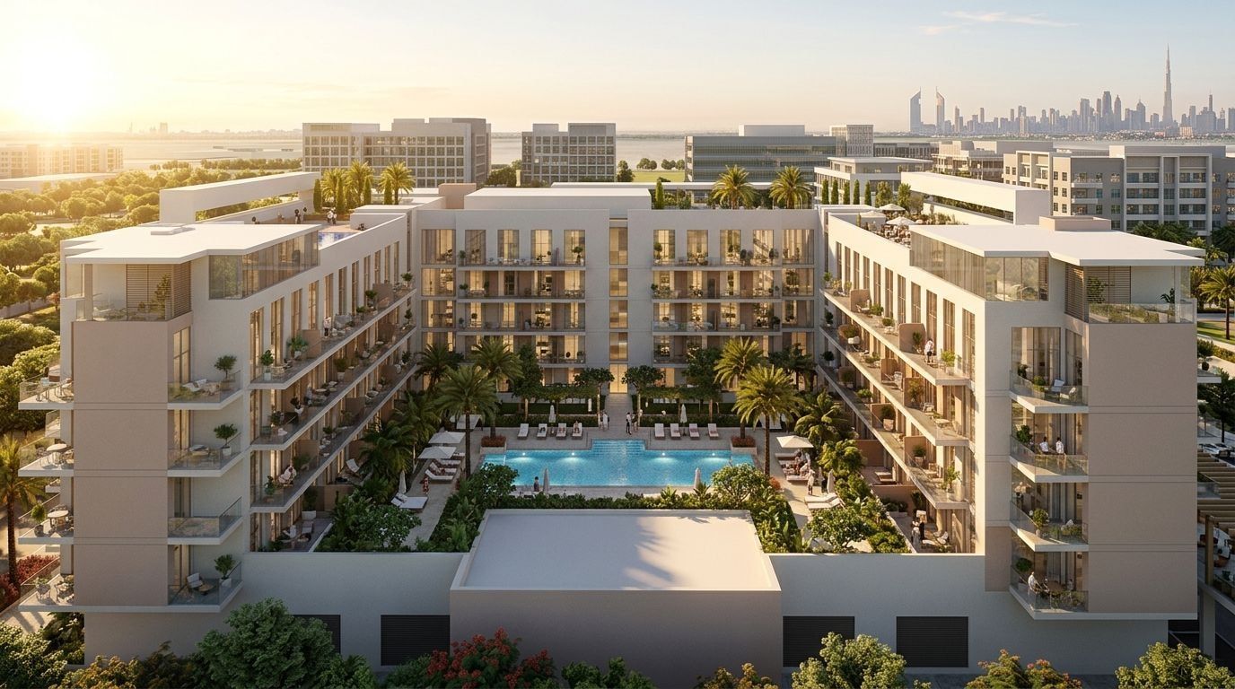 Laya Courtyard: Studia i apartamenty w dzielnicy Dubai Studio City, Dubaj. Wizualizacja inwestycji dewelopera DECA Properties, oddanie 2026.