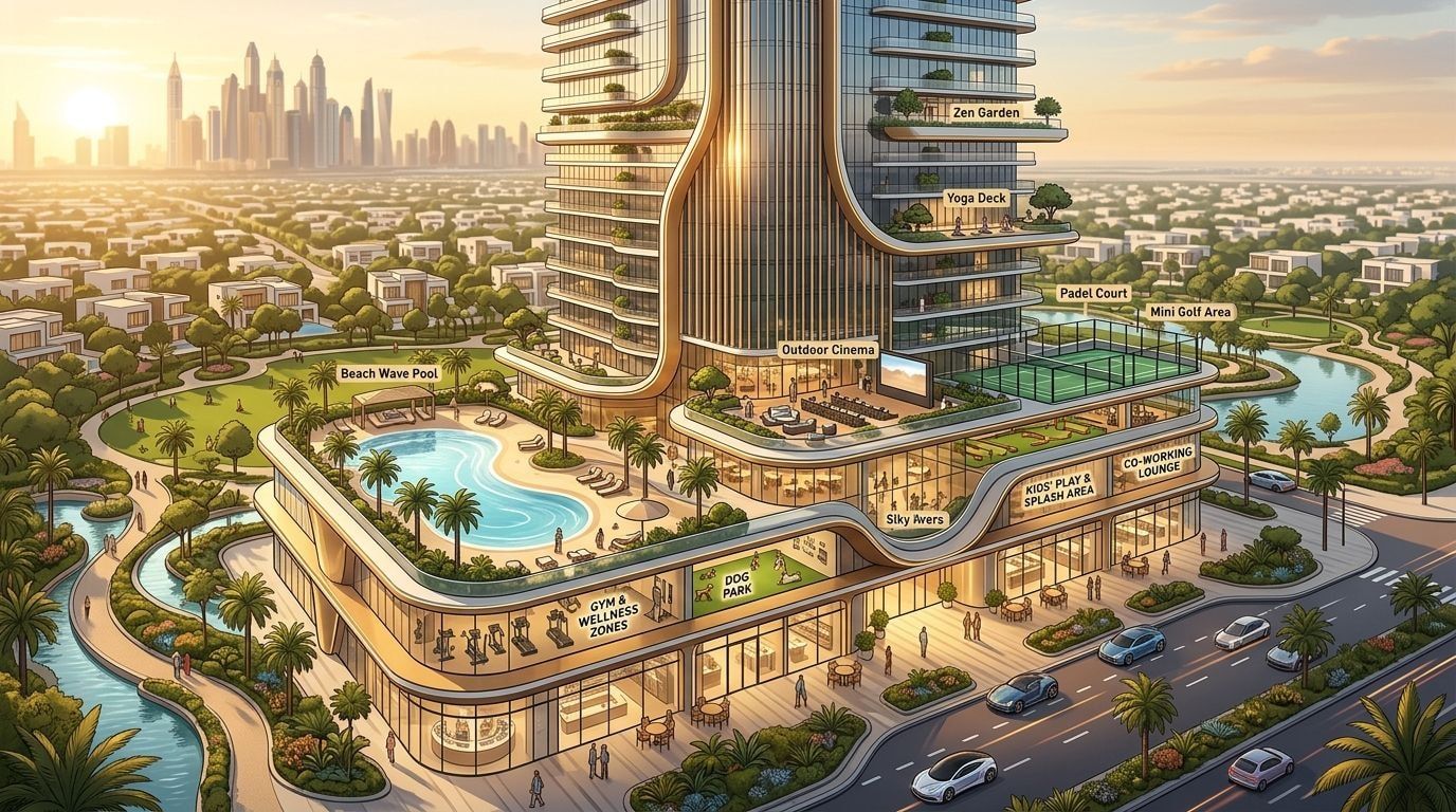 VOXA: Apartamenty z częścią handlową w dzielnicy Jumeirah Village Triangle, Dubaj. Wizualizacja inwestycji dewelopera Pantheon Development, oddanie 2027.