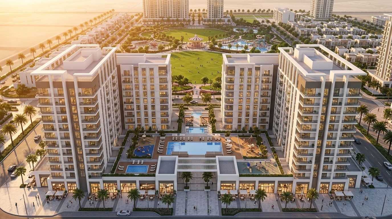 Rawda: Apartamenty w dzielnicy Town Square, Dubaj. Wizualizacja inwestycji dewelopera Nshama, oddanie 2024.