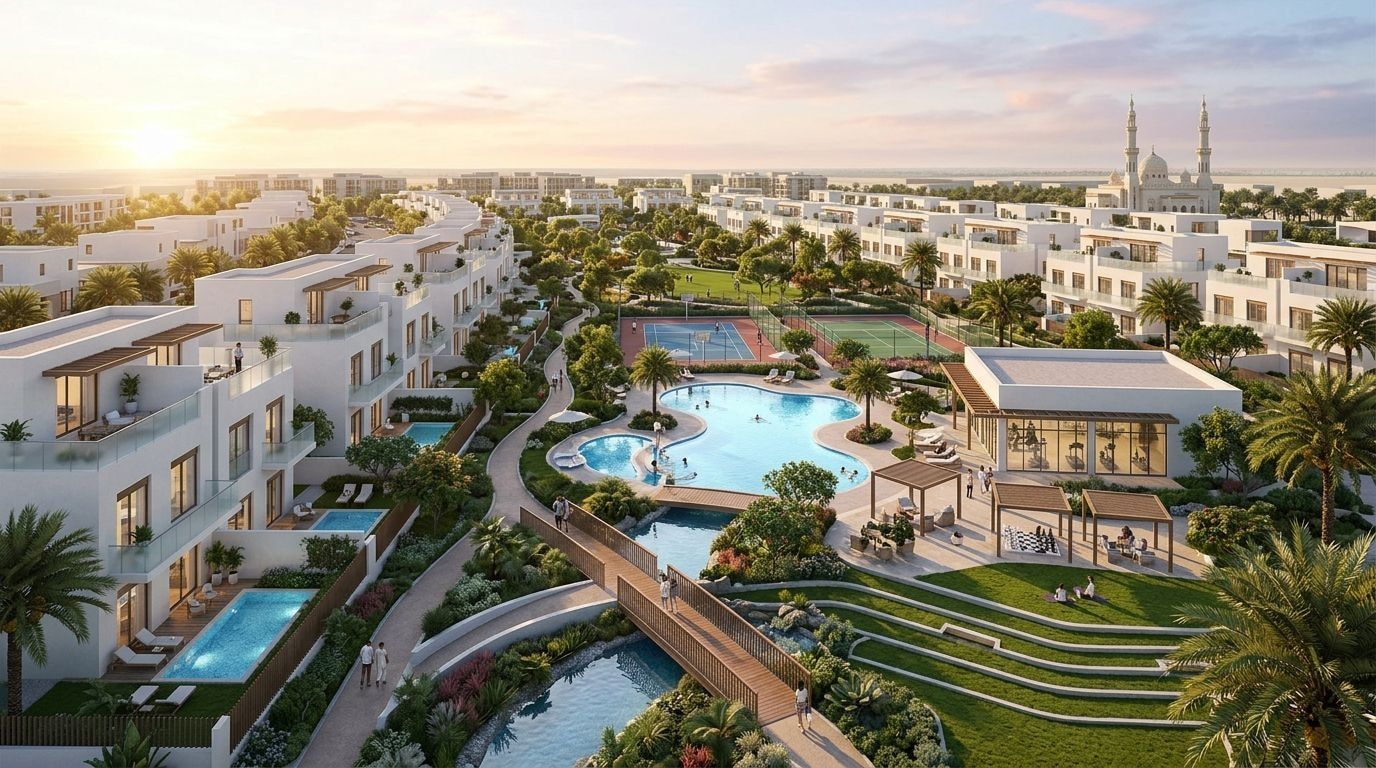 Taormina Village: Wille i szeregówki w dzielnicy Dubailand, Dubaj. Wizualizacja inwestycji dewelopera Reportage Properties, oddanie 2027.
