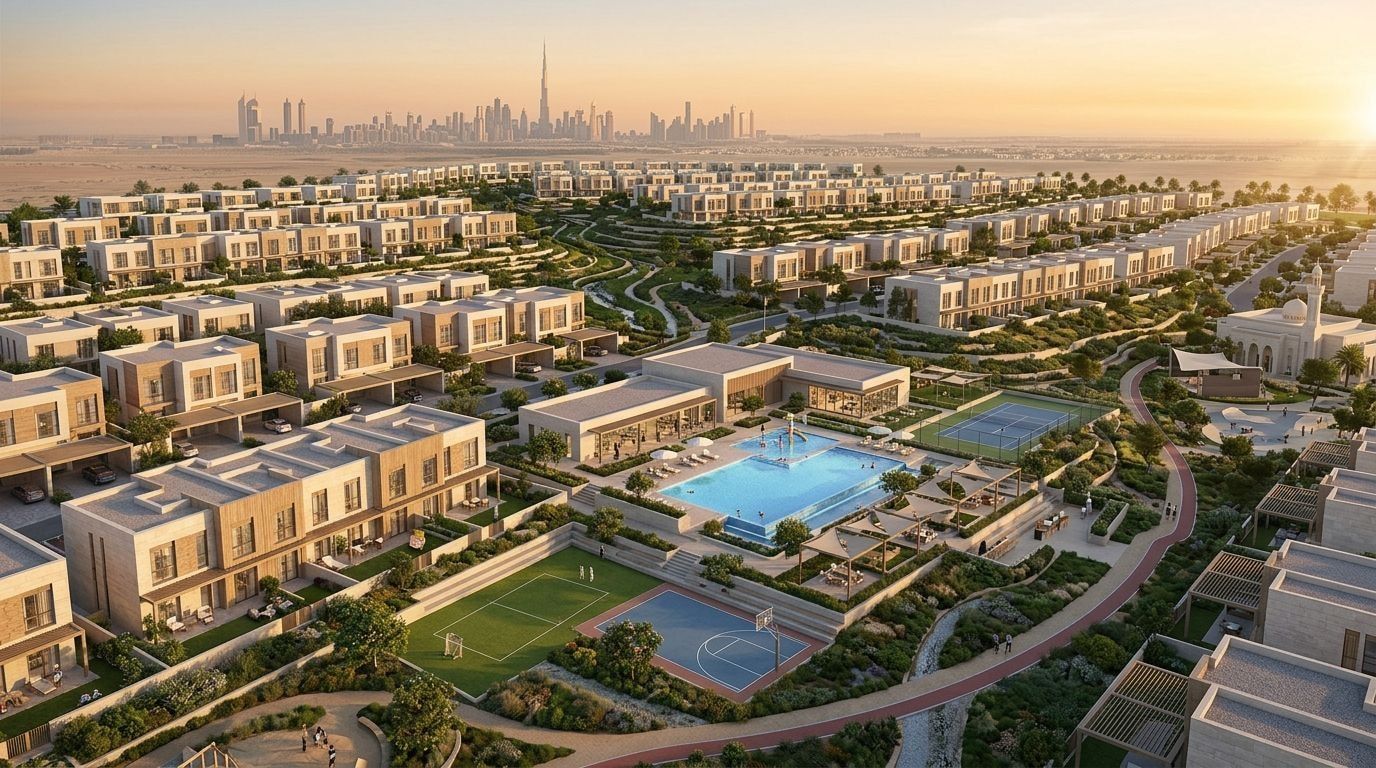 Reportage Hills: Szeregówki w dzielnicy Dubailand, Dubaj. Wizualizacja inwestycji dewelopera Reportage Properties, oddanie 2028.