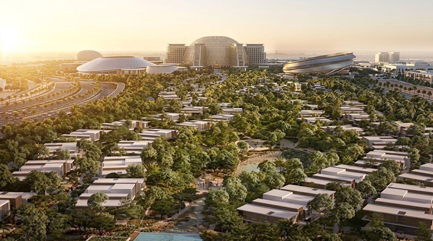 Expo Valley: Wille i szeregówki w dzielnicy Expo City Dubai, Dubaj. Wizualizacja inwestycji dewelopera Expo City Dubai, oddanie 2026.