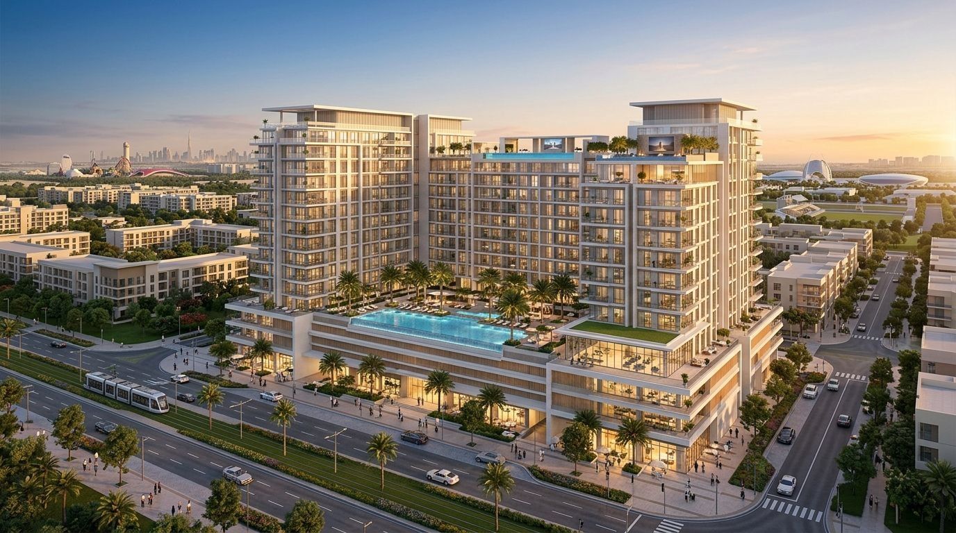 The Boulevard: Apartamenty w dzielnicy Dubai Land Residence Complex, Dubaj. Wizualizacja inwestycji dewelopera Prestige One Developments, oddanie 2027.