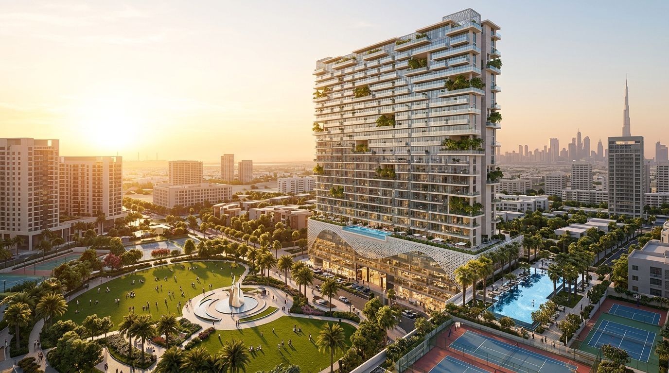 One Park Central: Apartamenty, duplexy i penthouse'y w dzielnicy Jumeirah Village Circle, Dubaj. Wizualizacja inwestycji dewelopera Iman Developers, oddanie 2027.