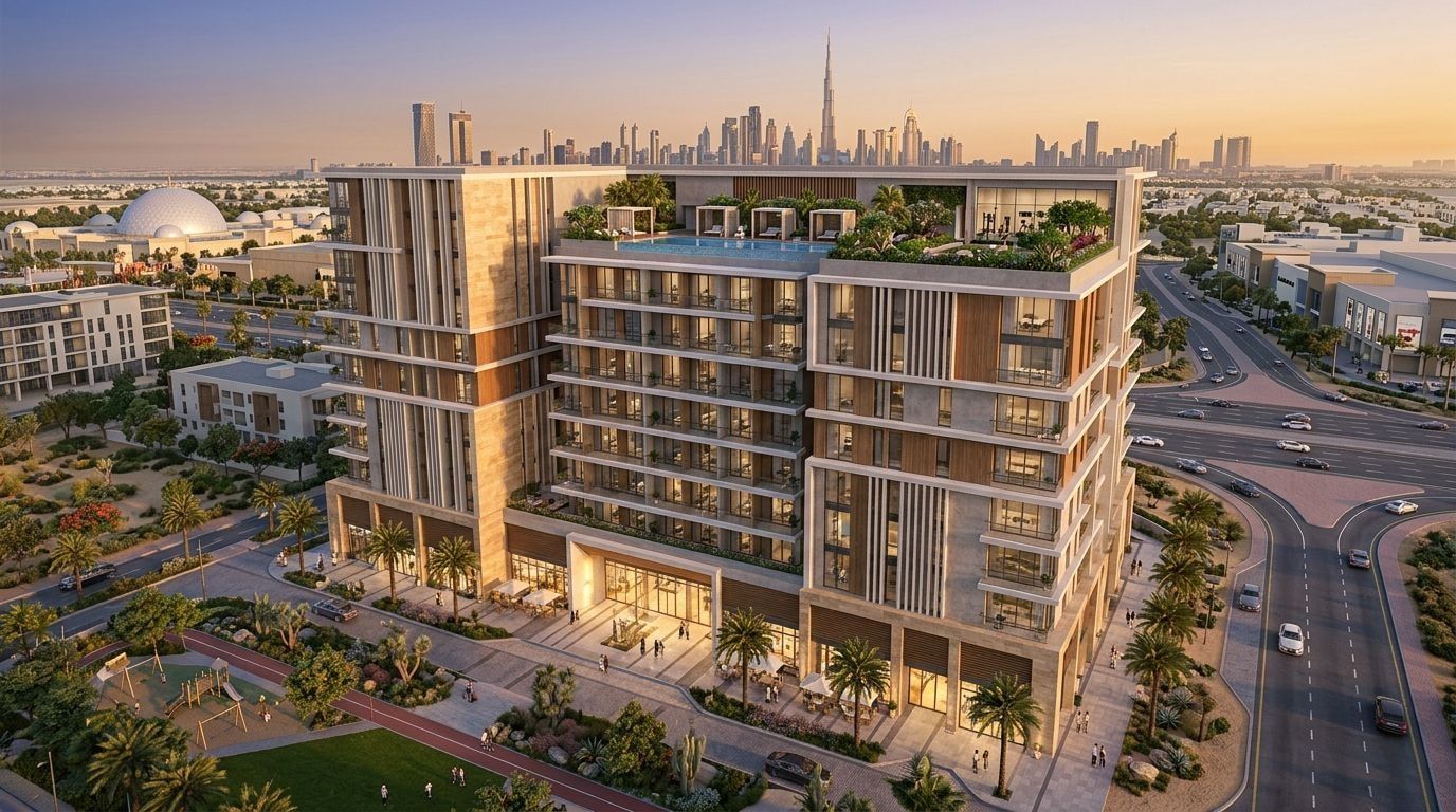 AG Central: Apartamenty w dzielnicy Dubailand, Dubaj. Wizualizacja inwestycji dewelopera AG Properties, oddanie 2027.