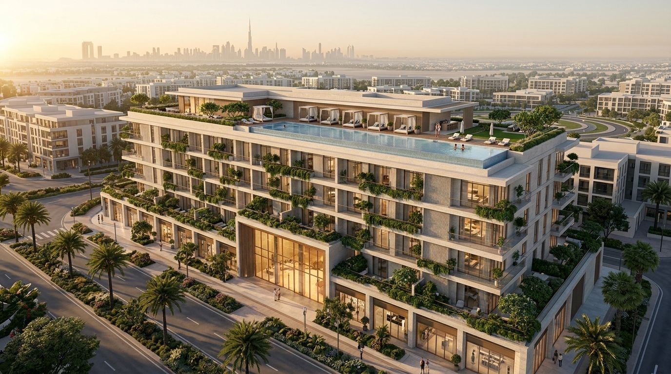 Oxford Terraces 2: Apartamenty w dzielnicy Jumeirah Village Circle, Dubaj. Wizualizacja inwestycji dewelopera Iman Developers, oddanie 2027.