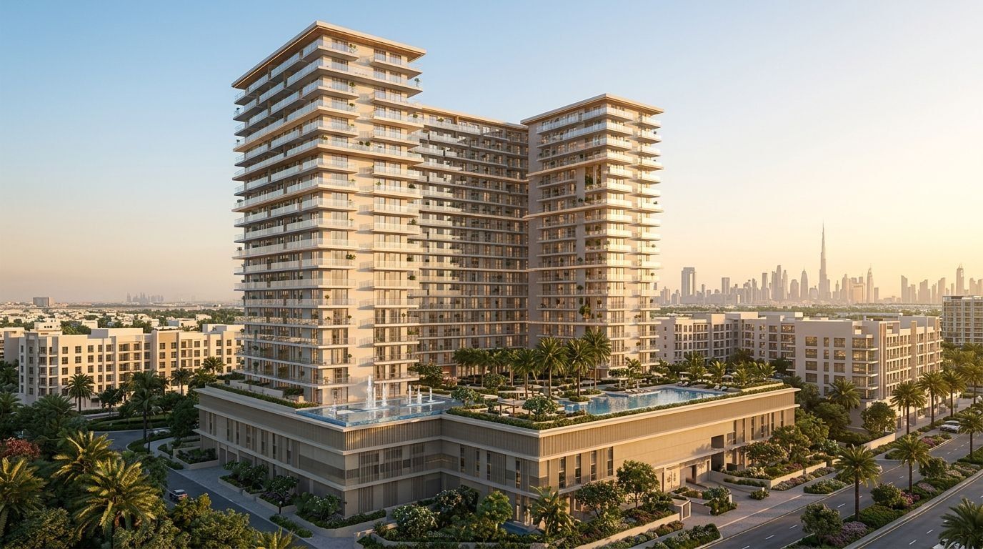 Sol Levante: Apartamenty w dzielnicy Jumeirah Village Triangle, Dubaj. Wizualizacja inwestycji dewelopera Sol Properties, oddanie 2027.