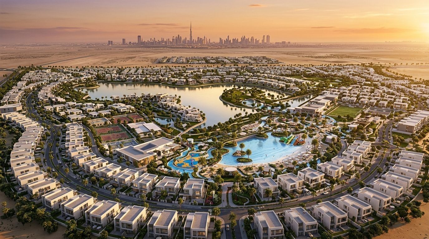 DAMAC Hills 2: Wille i szeregówki w dzielnicy Dubailand, Dubaj. Wizualizacja inwestycji dewelopera DAMAC Properties, oddanie Gotowe i w budowie.