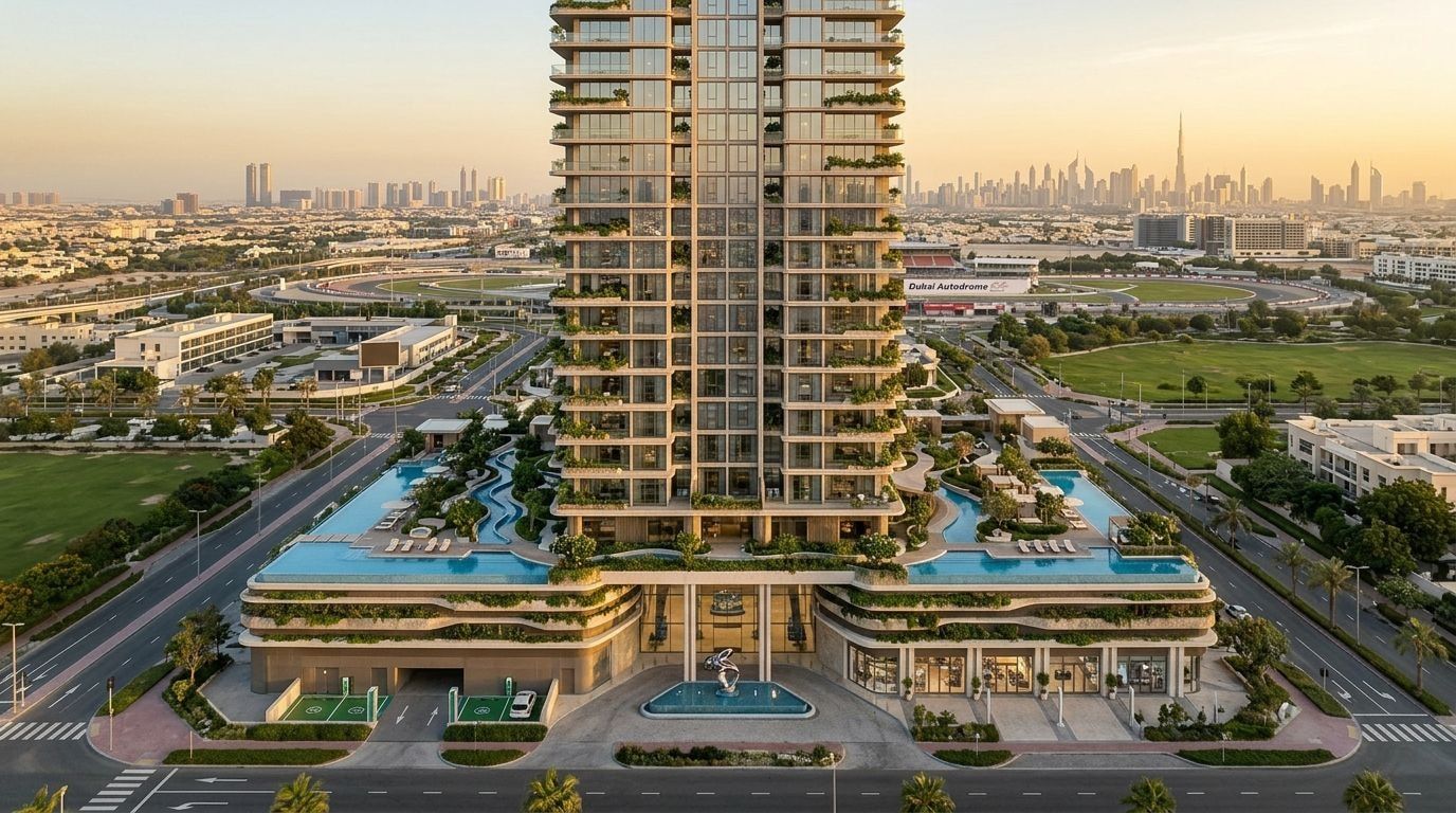 Sierra by Iman: Apartamenty, duplexy i handel w dzielnicy Motor City, Dubaj. Wizualizacja inwestycji dewelopera Iman Developers, oddanie 2028.