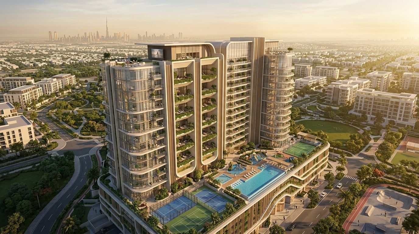 REEF 998: Studia i apartamenty w dzielnicy Dubailand Residence Complex, Dubaj. Wizualizacja inwestycji dewelopera Reef Luxury Developments, oddanie 2028.
