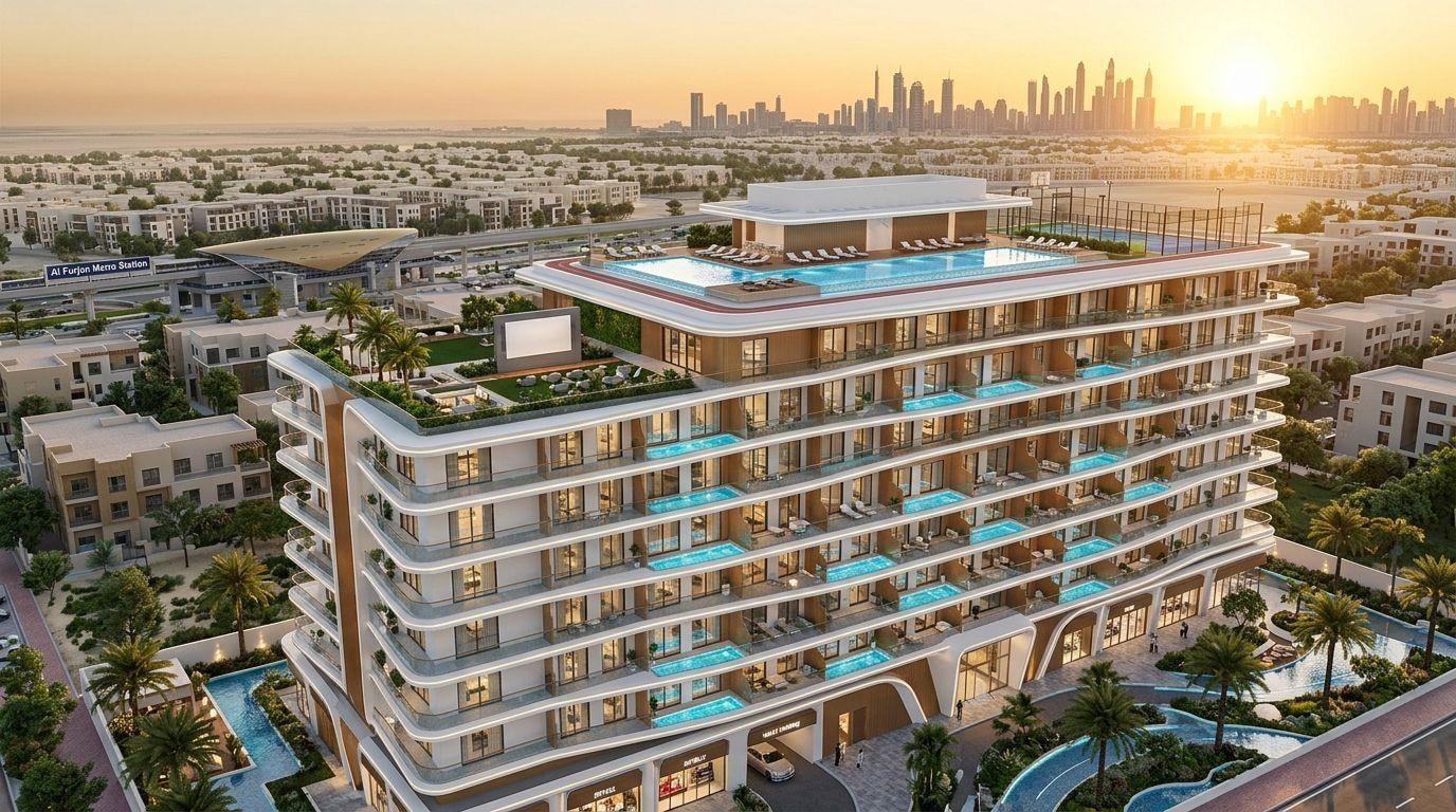 Samana California: Apartamenty w dzielnicy Al Furjan, Dubaj. Wizualizacja inwestycji dewelopera Samana Developers, oddanie 2027.