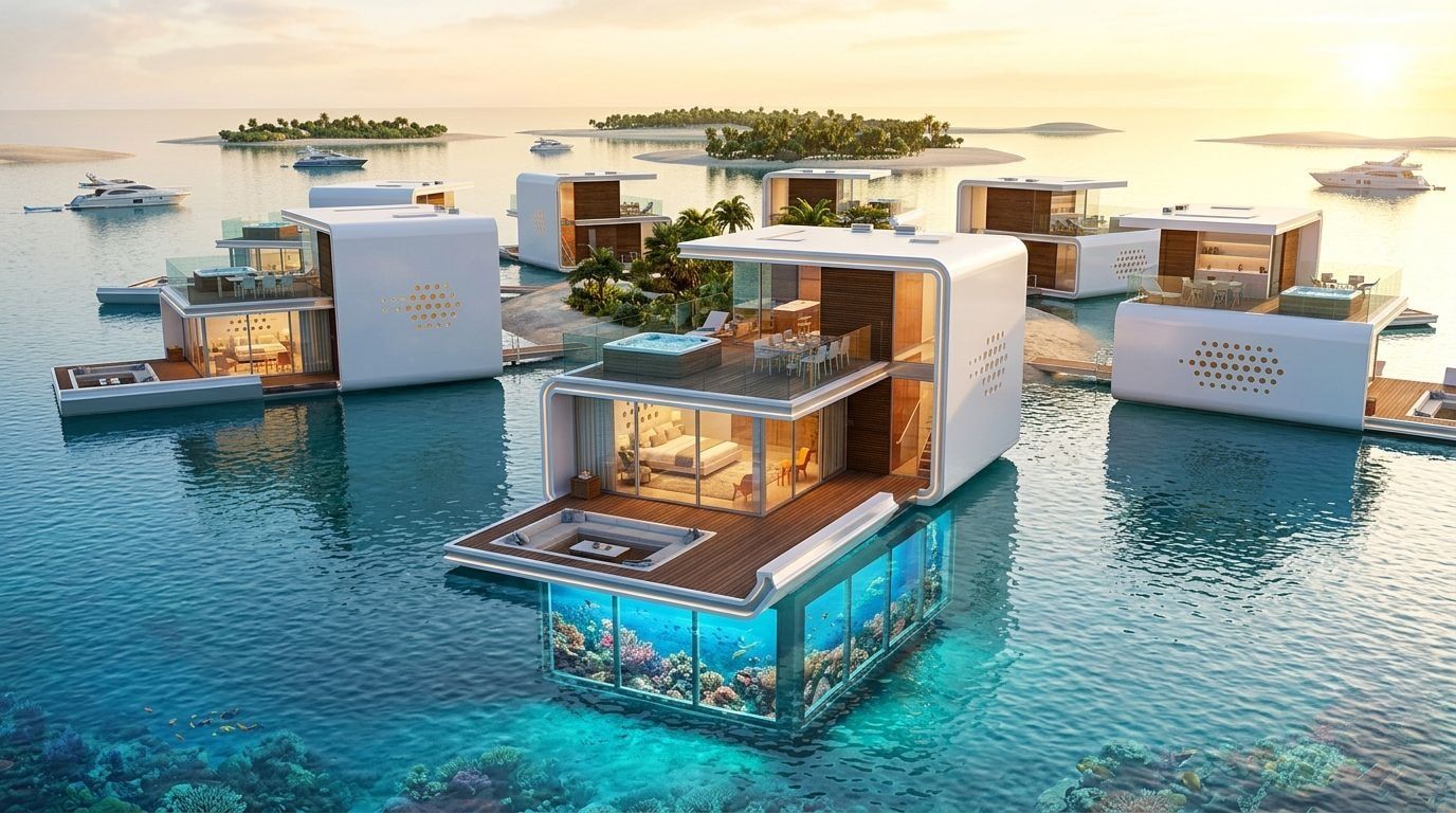 The Floating Seahorse Villas: Wille nadwodne w dzielnicy The World Islands, Dubaj. Wizualizacja inwestycji dewelopera Kleindienst Group, oddanie 2026.