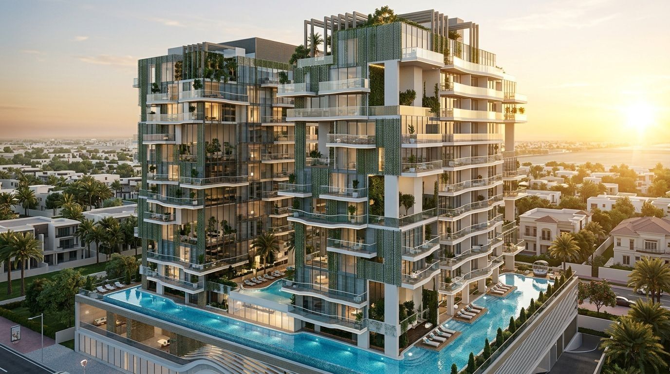 REEF 999: Apartamenty i sky ville w dzielnicy Al Furjan, Dubaj. Wizualizacja inwestycji dewelopera Reef Luxury Developments, oddanie 2027.