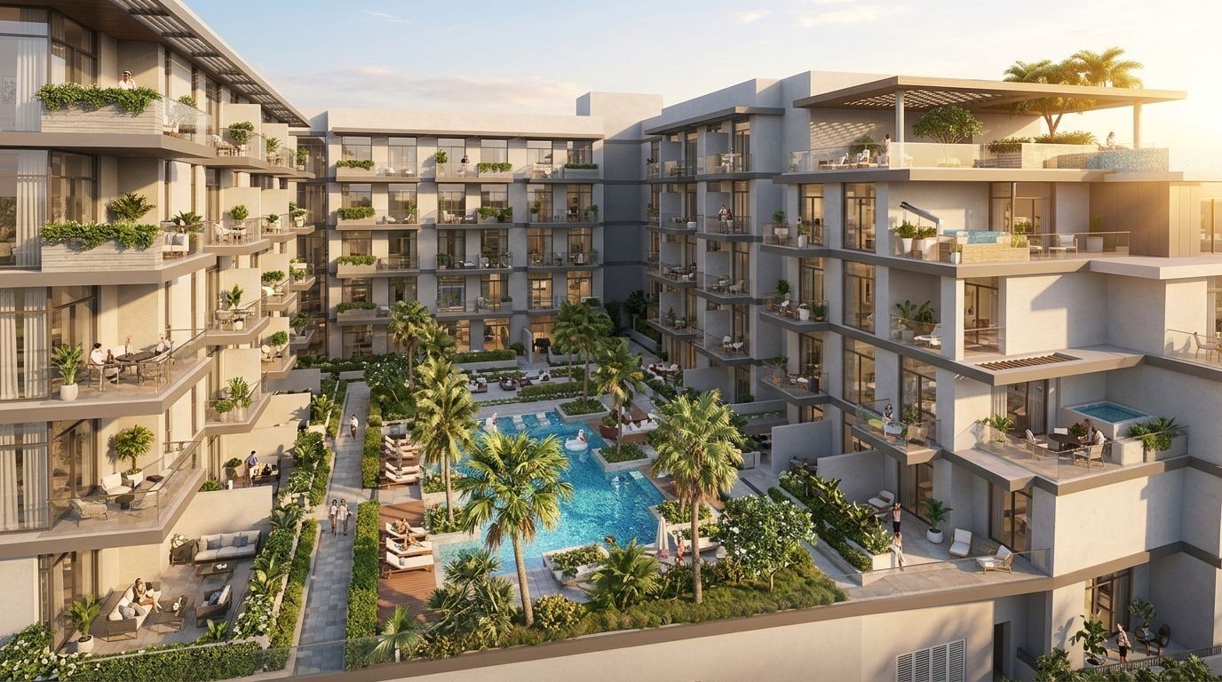 Oxford Terraces: Apartamenty w dzielnicy Jumeirah Village Circle, Dubaj. Wizualizacja inwestycji dewelopera Iman Developers, oddanie 2026.