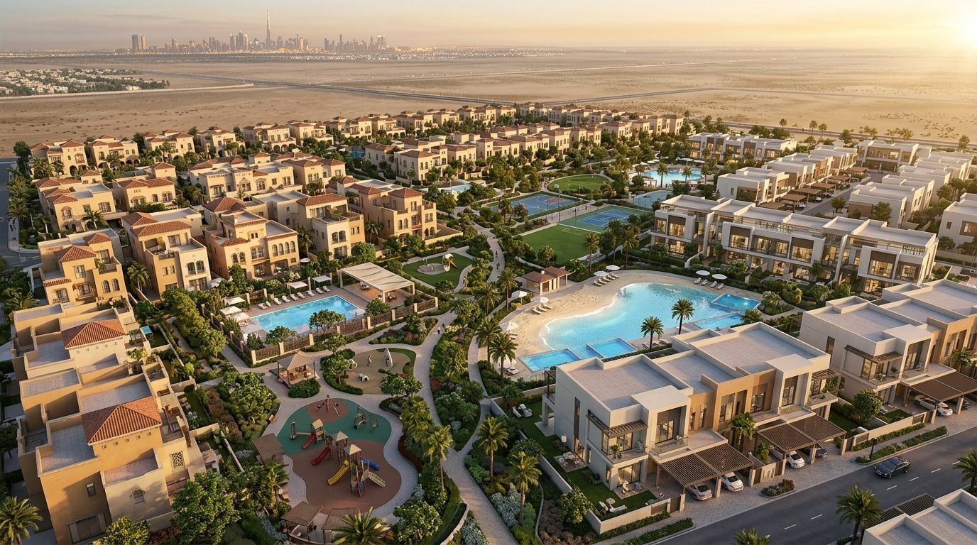 Villanova: Wille i szeregówki w dzielnicy Dubailand, Dubaj. Wizualizacja inwestycji dewelopera Dubai Properties, oddanie Gotowe i w budowie.