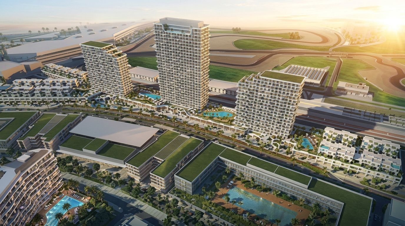 Takaya: Apartamenty, szeregówki i wille w dzielnicy Motor City, Dubaj. Wizualizacja inwestycji dewelopera Union Properties, oddanie 2027.