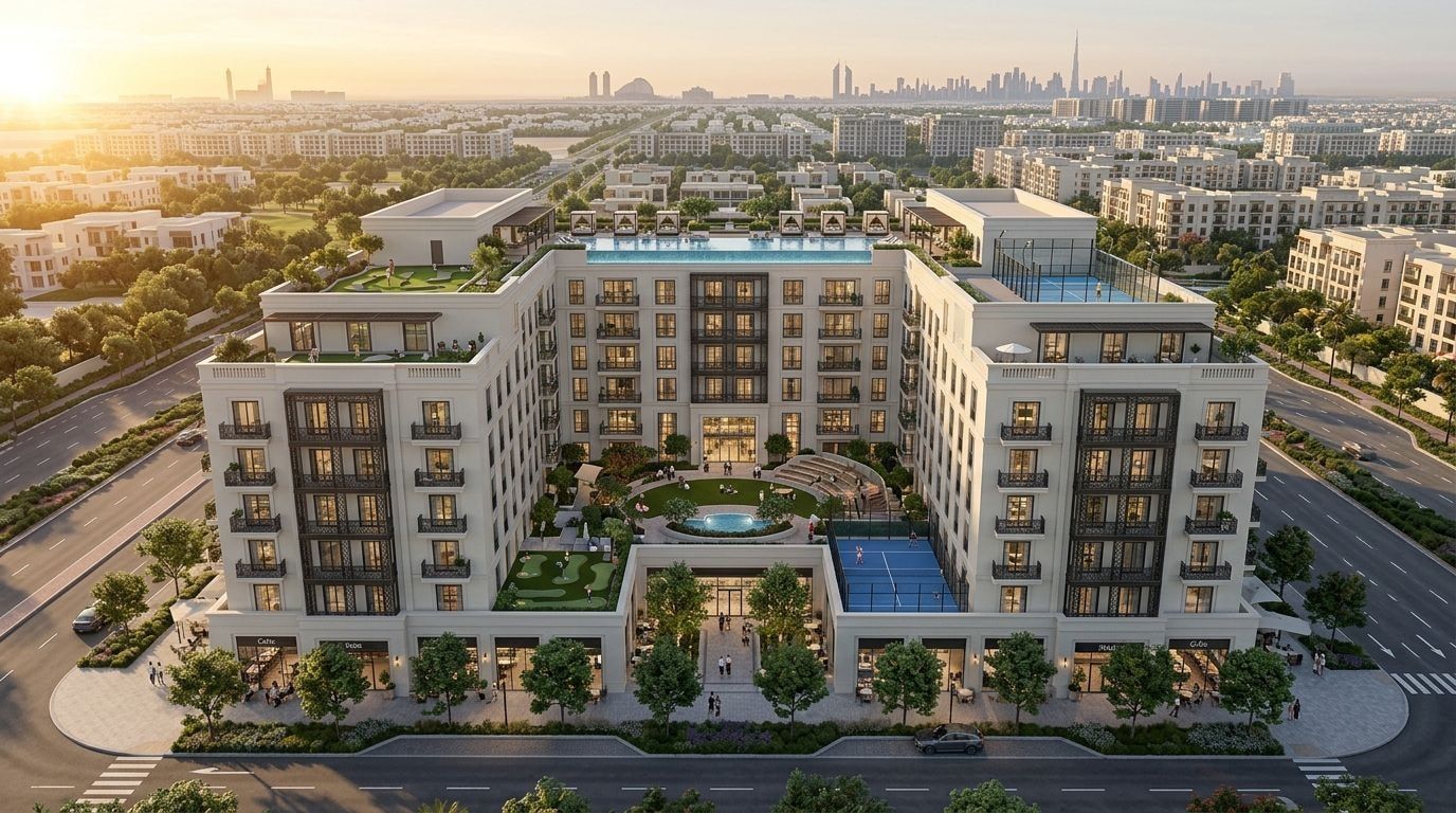 Berkeley Square: Apartamenty w dzielnicy Jumeirah Village Circle, Dubaj. Wizualizacja inwestycji dewelopera Prestige One Developments, oddanie 2027.