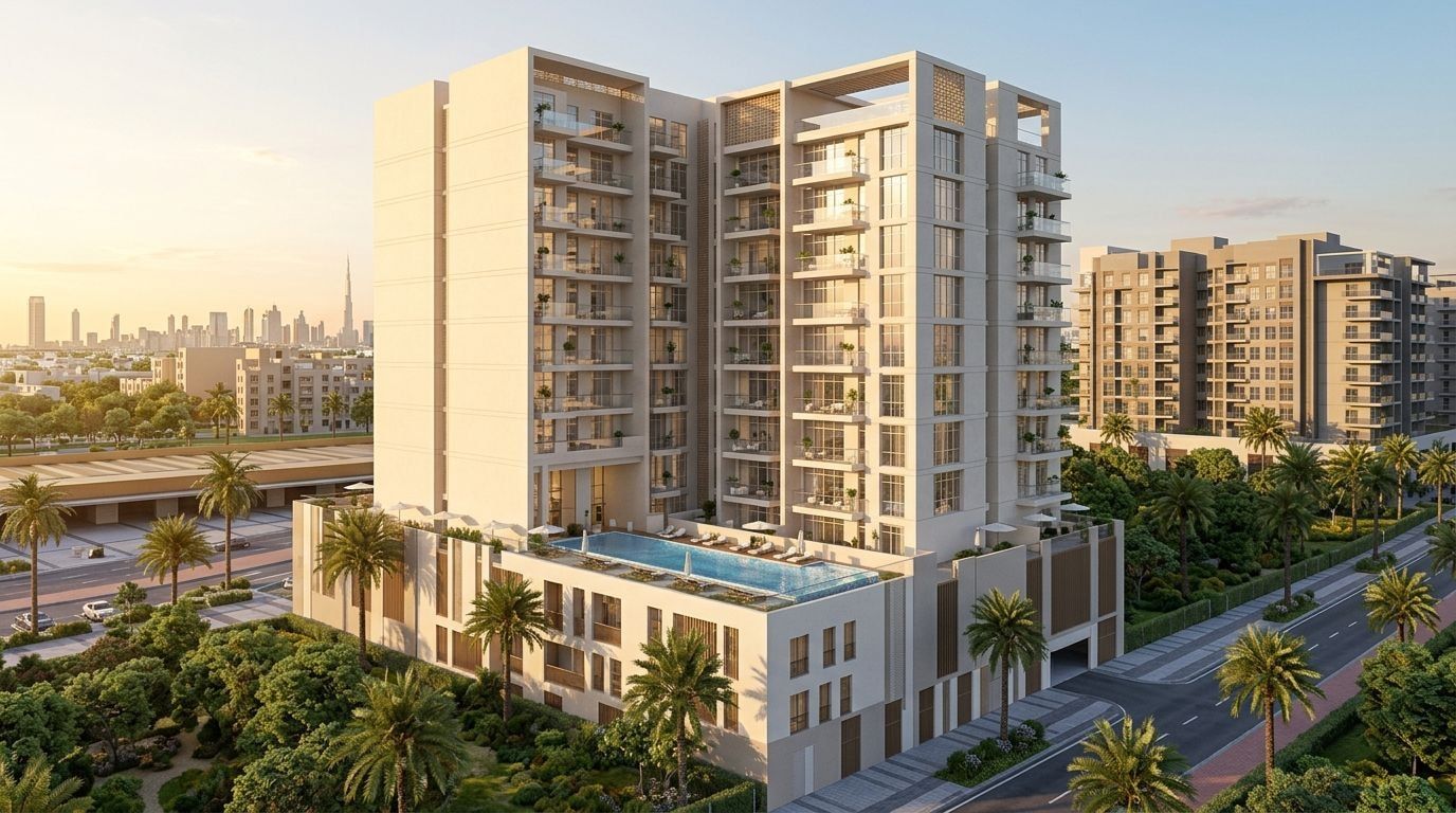 Avenue Residence 8: Apartamenty w dzielnicy Al Furjan, Dubaj. Wizualizacja inwestycji dewelopera Nabni Developments, oddanie 2028.
