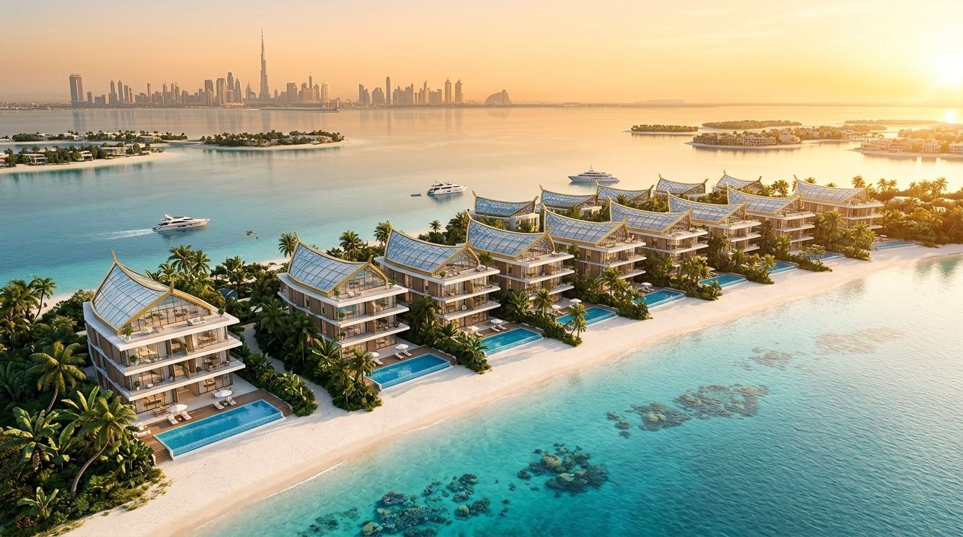 Sweden Beach Palaces: Wille i pałace w dzielnicy The World Islands, Dubaj. Wizualizacja inwestycji dewelopera Kleindienst Group, oddanie 2026.