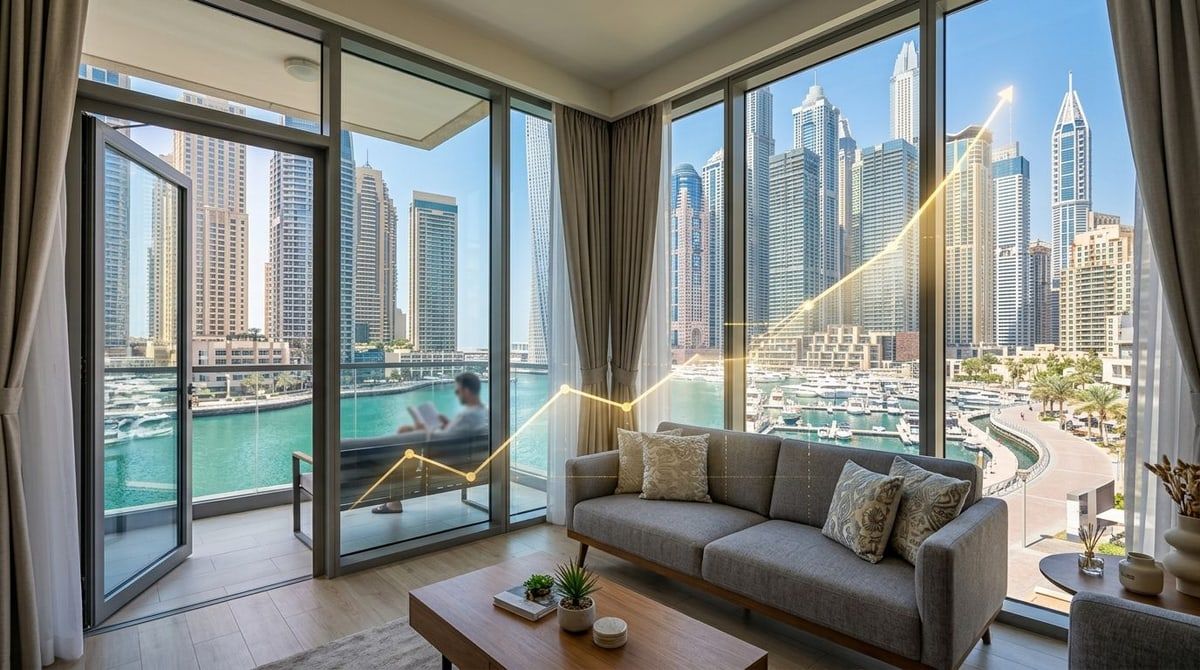 Rentowność najmu i ROI w Dubaju: apartament z widokiem na marinę.