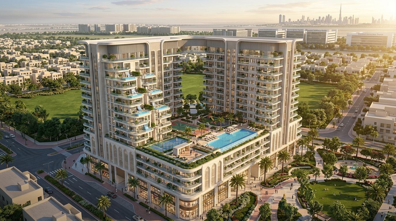 Empire Livings: Apartamenty w dzielnicy Arjan, Dubaj. Wizualizacja inwestycji dewelopera Empire Developments, oddanie 2027.