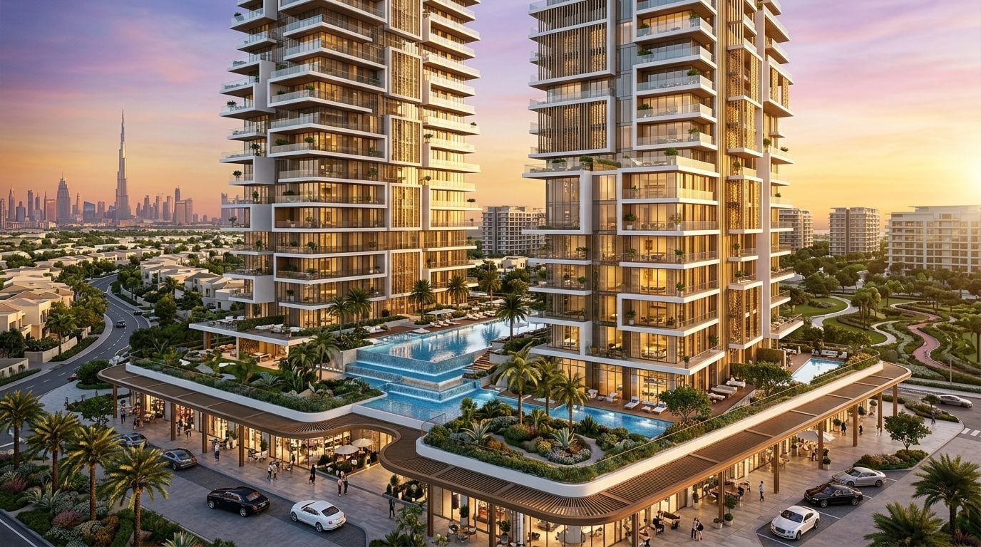 Mira Heights: Apartamenty i handel w dzielnicy Jumeirah Village Circle, Dubaj. Wizualizacja inwestycji dewelopera Mira Developments, oddanie 2026.