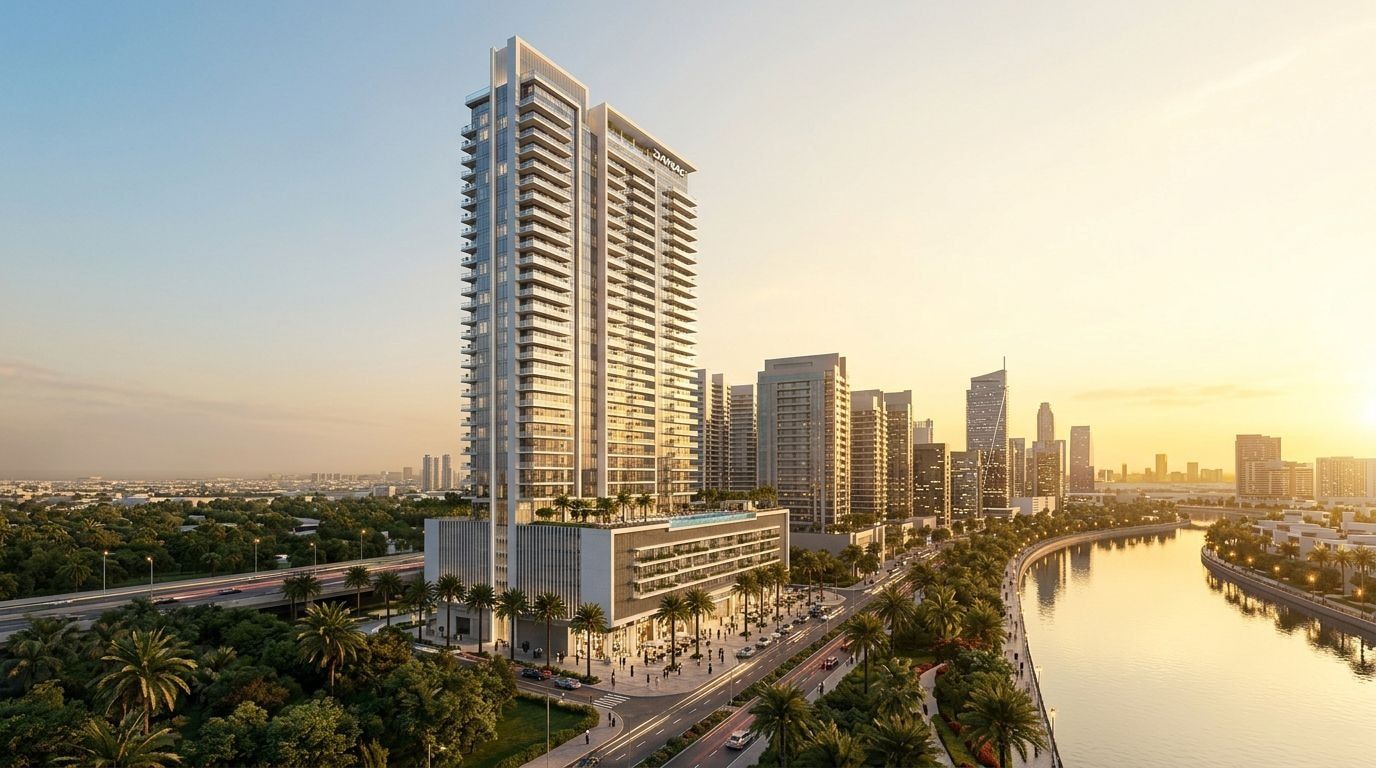 Safa Gate by DAMAC: Apartamenty sygnowane marką w dzielnicy Sheikh Zayed Road / Al Wasl (przy Safa Park), Dubaj. Wizualizacja inwestycji dewelopera DAMAC Properties, oddanie 2029.
