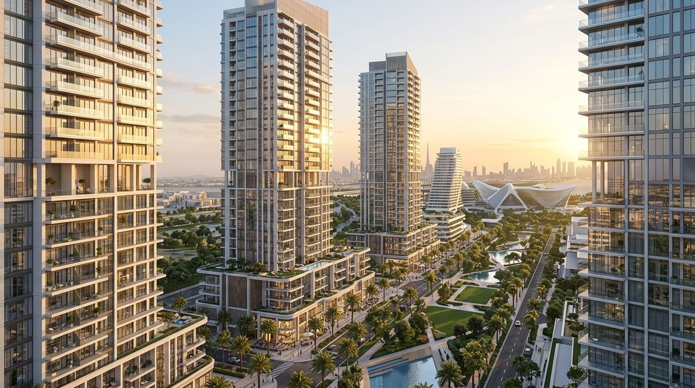 Parkway: Apartamenty w dzielnicy Meydan, Dubaj. Wizualizacja inwestycji dewelopera Prestige One Developments, oddanie 2028.