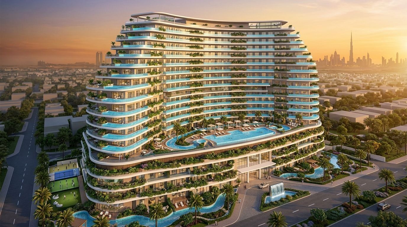 Samana Barari Views: Apartamenty w dzielnicy Majan, Dubaj. Wizualizacja inwestycji dewelopera Samana Developers, oddanie 2027.