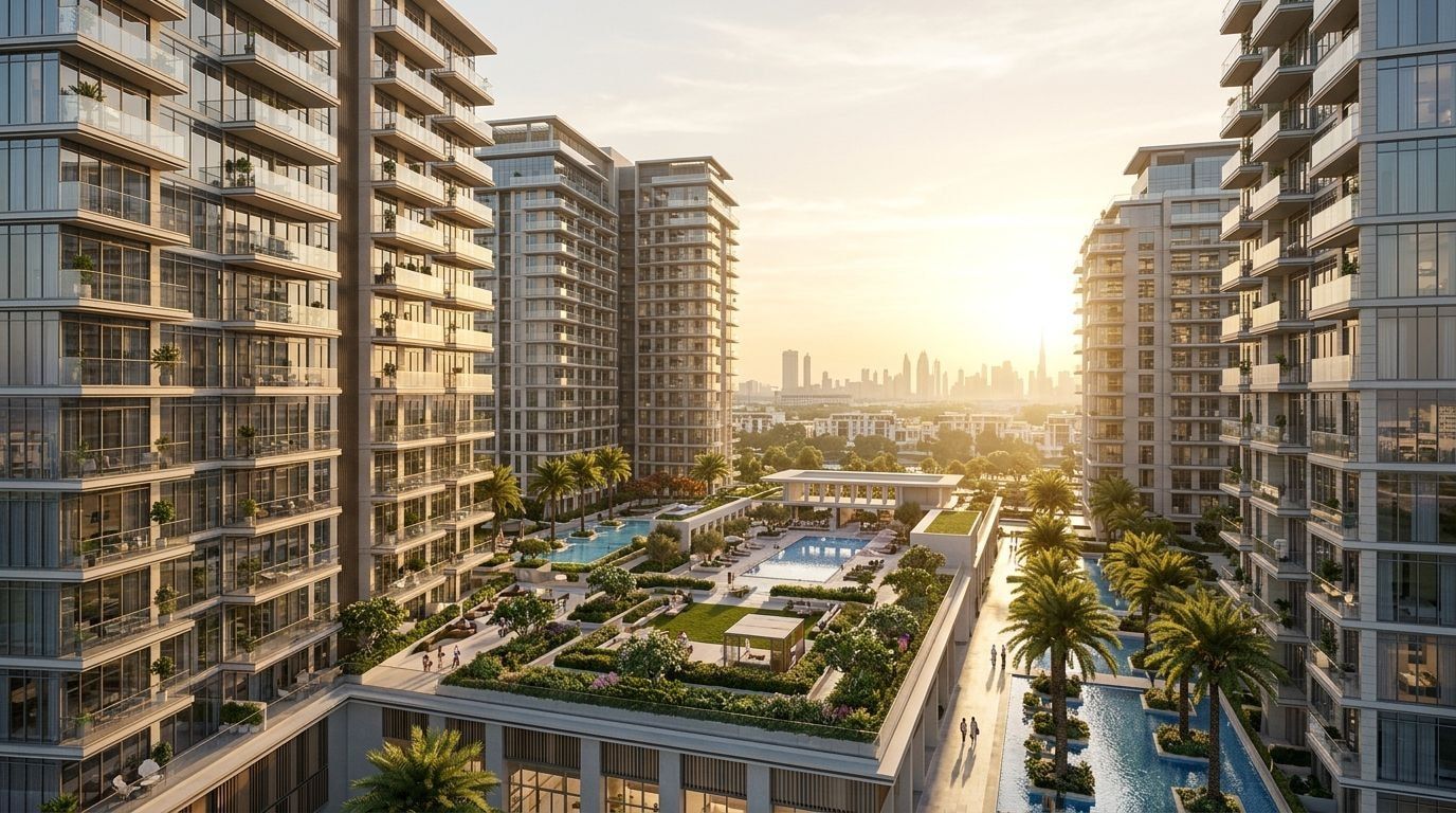 Nirvana Residences: Apartamenty w dzielnicy Dubai Production City, Dubaj. Wizualizacja inwestycji dewelopera Meraki Developers, oddanie 2028.