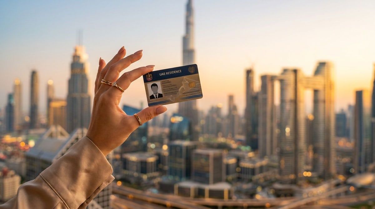 Golden Visa w Dubaju przez nieruchomość: rezydencja ZEA na tle panoramy miasta i Burdż Chalify.