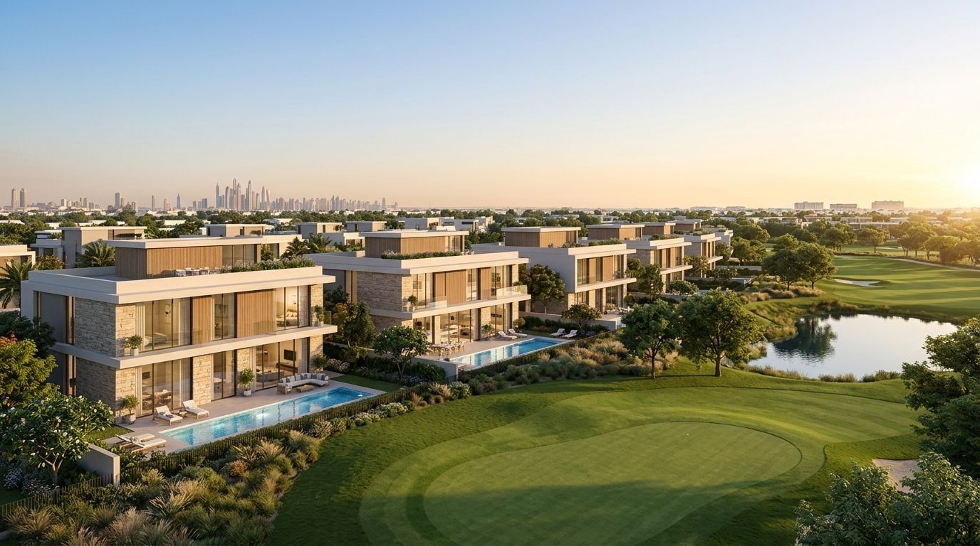 Jouri Hills: Wille i rezydencje w dzielnicy Jumeirah Golf Estates, Dubaj. Wizualizacja inwestycji dewelopera Arada, oddanie 2025.