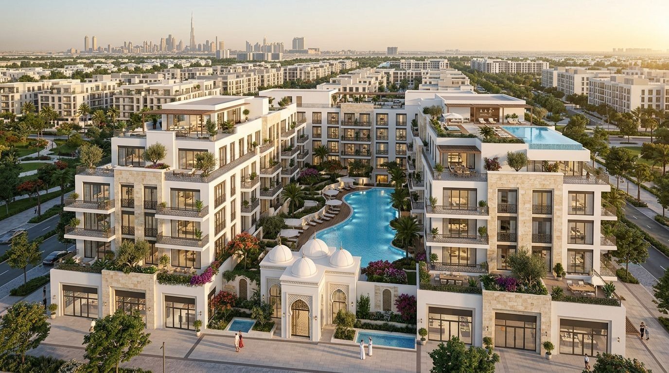La Villa Blanca: Apartamenty w dzielnicy Jumeirah Village Circle, Dubaj. Wizualizacja inwestycji dewelopera Segrex Development, oddanie Gotowe.