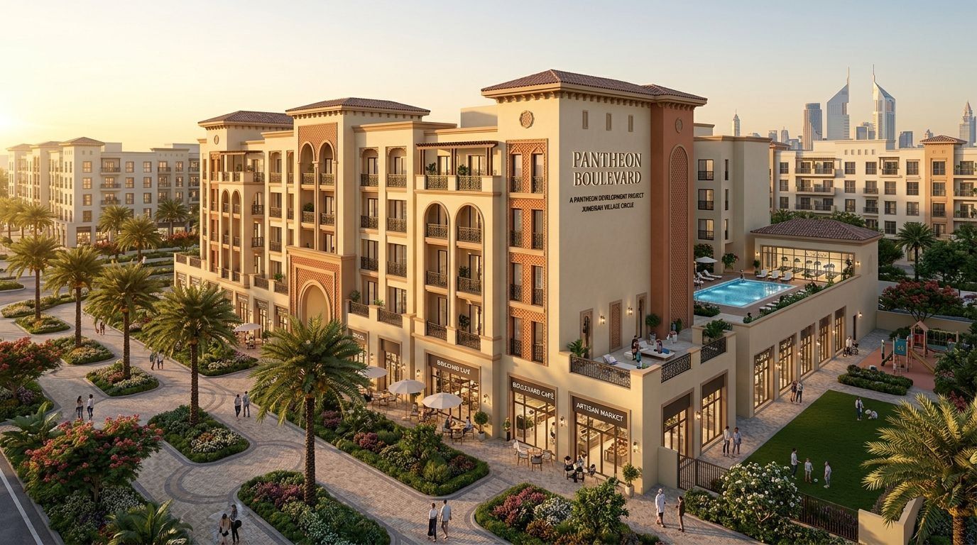 Pantheon Boulevard: Apartamenty w dzielnicy Jumeirah Village Circle, Dubaj. Wizualizacja inwestycji dewelopera Pantheon Development, oddanie Gotowe.