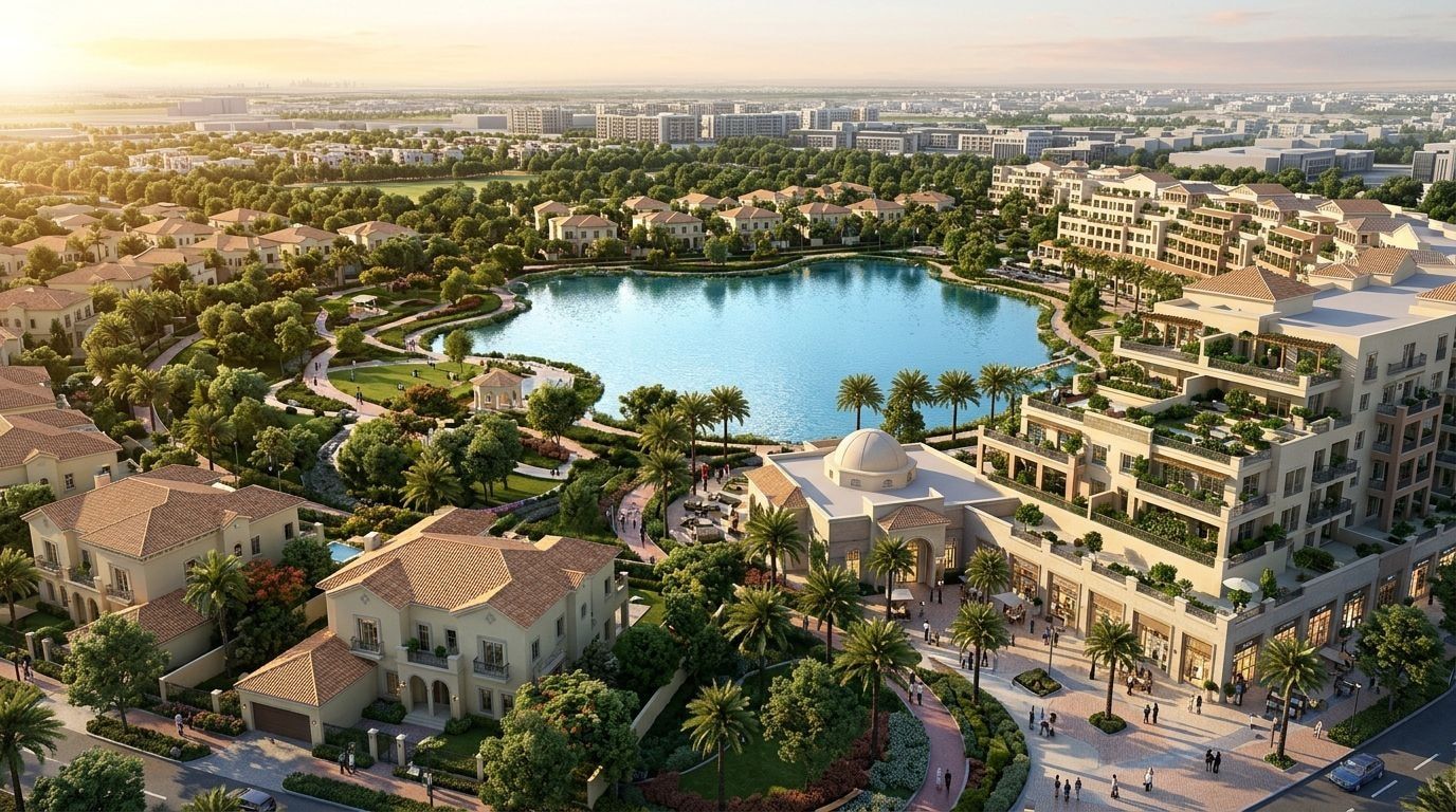 Green Community: Wille, szeregówki i apartamenty w dzielnicy Dubai Investments Park, Dubaj. Wizualizacja inwestycji dewelopera Union Properties, oddanie Gotowe.