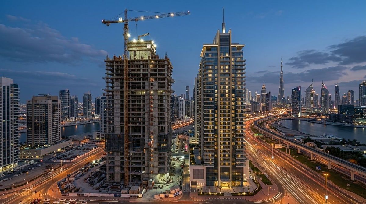 Off-plan a rynek wtórny w Dubaju: wieża w budowie i gotowy apartamentowiec.