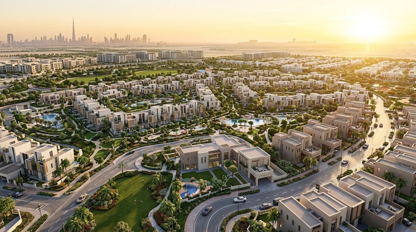 Mudon: Wille i szeregówki w dzielnicy Dubailand, Dubaj. Wizualizacja inwestycji dewelopera Dubai Properties, oddanie Gotowe i w budowie.