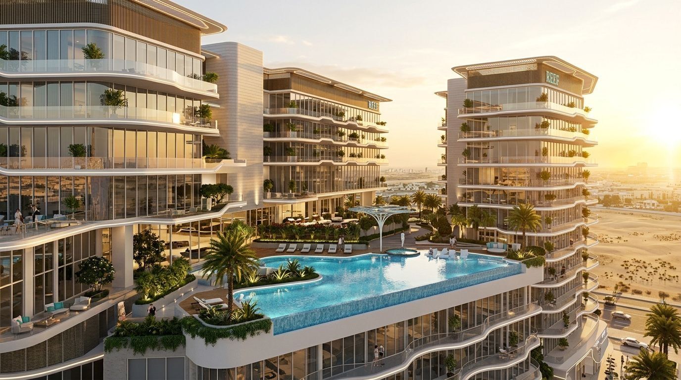 REEF 1000: Studia i apartamenty w dzielnicy Dubailand Residence Complex, Dubaj. Wizualizacja inwestycji dewelopera Reef Luxury Developments, oddanie 2026.