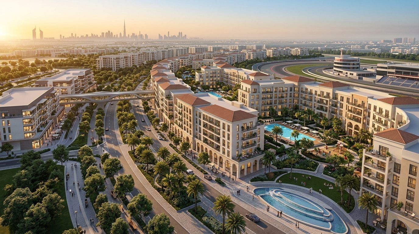 Uptown Motorcity: Apartamenty i szeregówki w dzielnicy Motor City, Dubaj. Wizualizacja inwestycji dewelopera Union Properties, oddanie Gotowe.