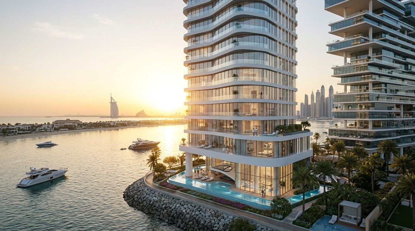 AVA at Palm Jumeirah: Rezydencje pełnopiętrowe i penthouse'y w dzielnicy Palm Jumeirah, Dubaj. Wizualizacja inwestycji dewelopera Omniyat, oddanie 2027.
