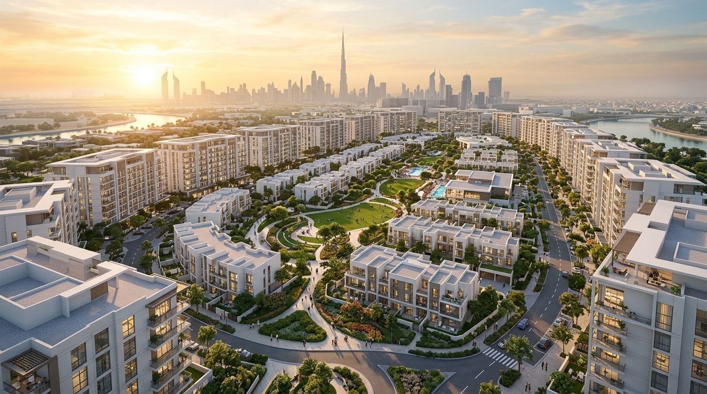 MAG City: Apartamenty i szeregówki w dzielnicy Mohammed Bin Rashid City, Dubaj. Wizualizacja inwestycji dewelopera MAG Property Development, oddanie Gotowe i w budowie.