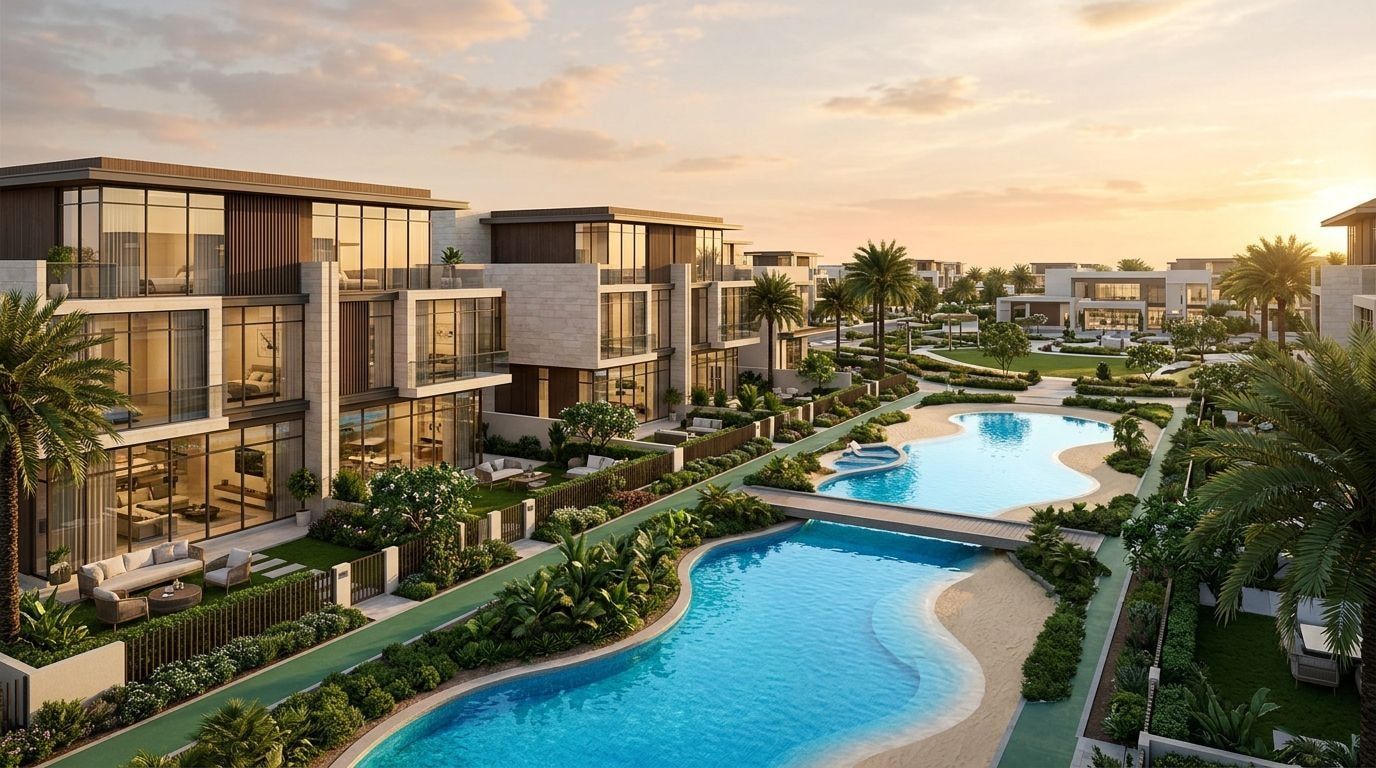 Aura: Wille bliźniacze i szeregówki w dzielnicy Tilal Al Ghaf, Dubaj. Wizualizacja inwestycji dewelopera Majid Al Futtaim, oddanie 2026.