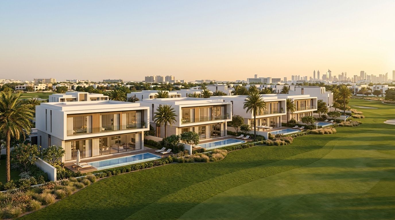 D Villas: Wille w dzielnicy Jumeirah Golf Estates, Dubaj. Wizualizacja inwestycji dewelopera DarGlobal, oddanie 2027.