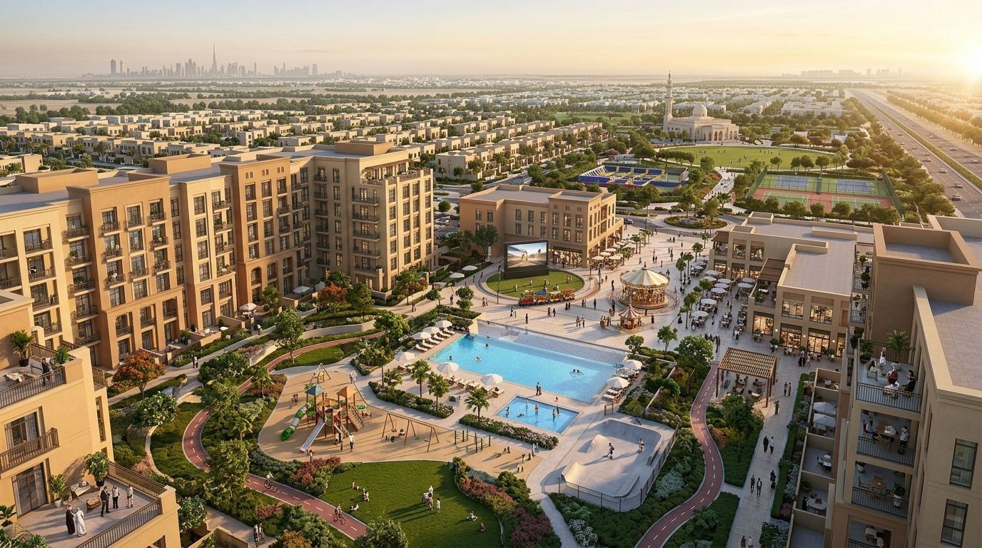 Zahra: Szeregówki i apartamenty w dzielnicy Town Square, Dubaj. Wizualizacja inwestycji dewelopera Nshama, oddanie Gotowe i w budowie.