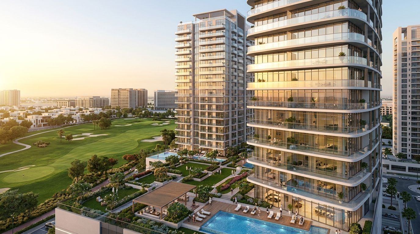 Golf Residences: Apartamenty w dzielnicy Dubai Sports City, Dubaj. Wizualizacja inwestycji dewelopera Prestige One Developments, oddanie 2027.